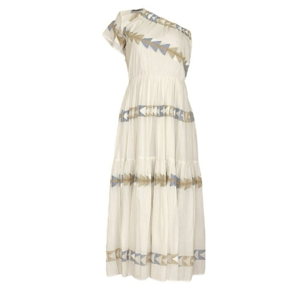 Mirth Paros One Shoulder Maxi Dress in White and Tan Wedding guest Size Large - Picture 7 of 16